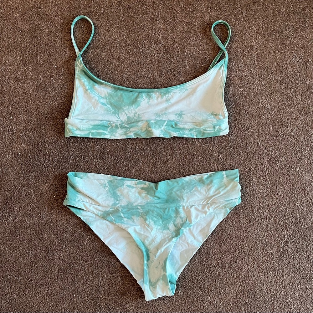 Frankie’s Bikinis Gio top and bottom in Emerald Tie Dye